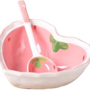 Heart Shape Ceramic Dinnerware Set, Cute Strawberry Tableware Set, Dessert Plate, Salad Bowl, Appetizer Snack Mixing Bowl with Spoon - Pink Set