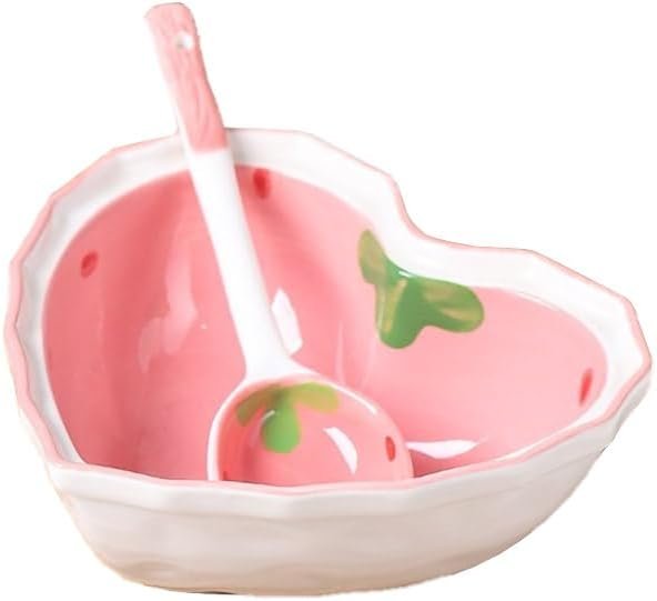 Heart Shape Ceramic Dinnerware Set, Cute Strawberry Tableware Set, Dessert Plate, Salad Bowl, Appetizer Snack Mixing Bowl with Spoon - Pink Set