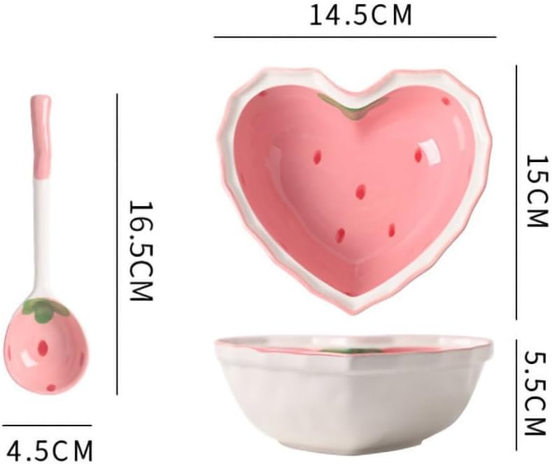 Heart Shape Ceramic Dinnerware Set, Cute Strawberry Tableware Set, Dessert Plate, Salad Bowl, Appetizer Snack Mixing Bowl with Spoon - Pink Set - Image 2