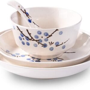 4-Piece Dinnerware Set, Plates, Dish, Bowl, Spoon, Japanese Hand-painted Tableware set (Blue Plum)