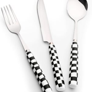 3-Piece Cutlery Set, Stainless Steel Flatware Sets with Black Checkerboard Pattern Ceramic Handle, Utensils including Knife Fork Spoon (Black)