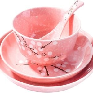 4-Piece Dinnerware Set, Plate, Dish, Bowl, Spoon, Japanese Hand-painted Tableware set(Pink plum)