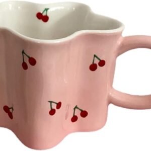 Women Girls Pink Flower Shape Cherry Mug Ceramic Coffee Mug Water Cup 350ml/12oz Cute Novelty Vintage Gift