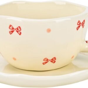 Ceramic Coffee Mug with Saucers, Handmade Flowers Mugs, Cute Cup for Girl Women, Aesthetic Tea Milk Cup with Handle, 8.5 oz/250 ml for Latte, Cocoa, Office, Home (Cute Bow)