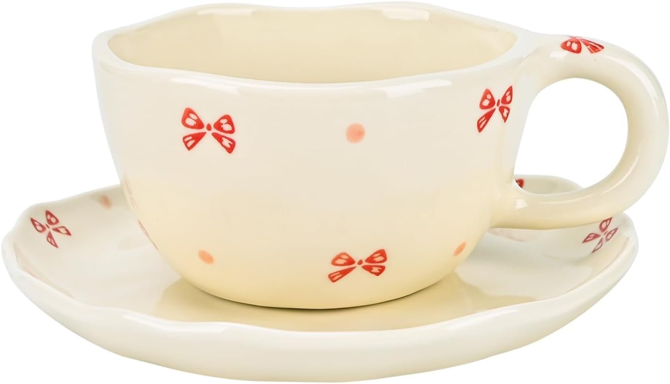 Ceramic Coffee Mug with Saucers, Handmade Flowers Mugs, Cute Cup for Girl Women, Aesthetic Tea Milk Cup with Handle, 8.5 oz/250 ml for Latte, Cocoa, Office, Home (Cute Bow)