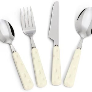 4-Piece Cutlery Set, Stainless Steel Flatware Sets with Chubby Lovely Cheese Pattern Ceramic Handle, Utensils including Knife Fork Spoon (Beigh)