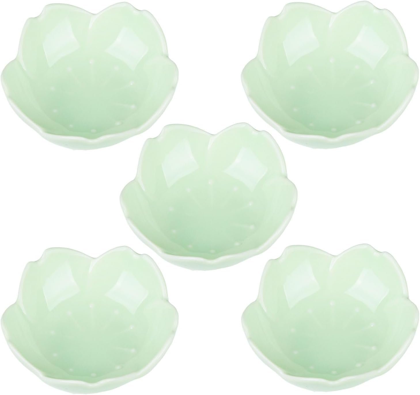Light Green Cherry Blossom Dish Set, Cute Pink Ceramic Plates, Sauce/Seasoning Dish, Sushi Dishes, Soy Dipping Bowl, Dessert, Appetizer Plates, Serving Dish for Kitchen Home – Set of 5
