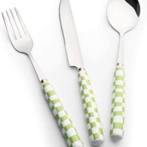 3-Piece Cutlery Set, Stainless Steel Flatware Sets with Green Checkerboard Pattern Ceramic Handle, Utensils including Knife Fork Spoon (Green)
