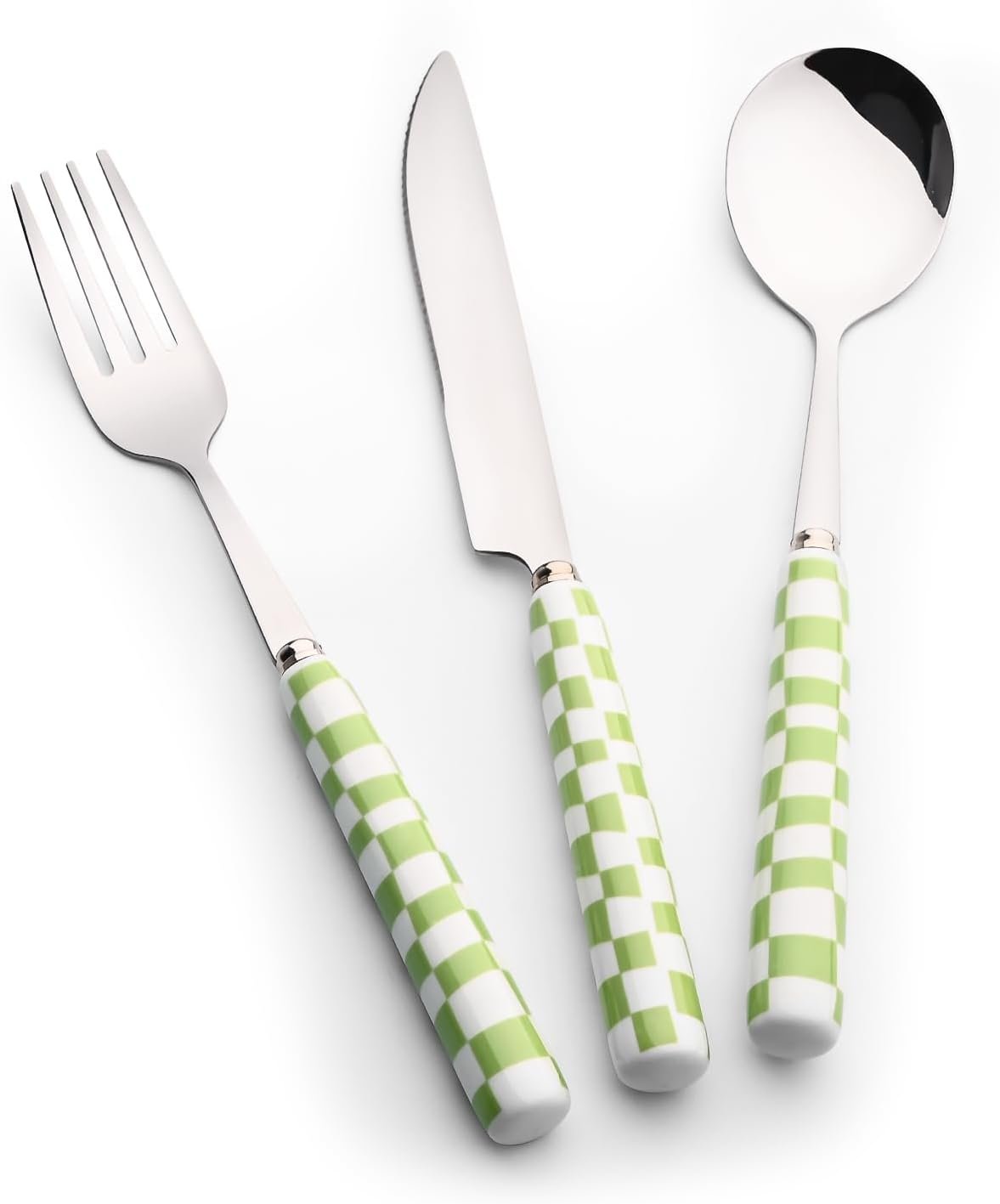 3-Piece Cutlery Set, Stainless Steel Flatware Sets with Green Checkerboard Pattern Ceramic Handle, Utensils including Knife Fork Spoon (Green)