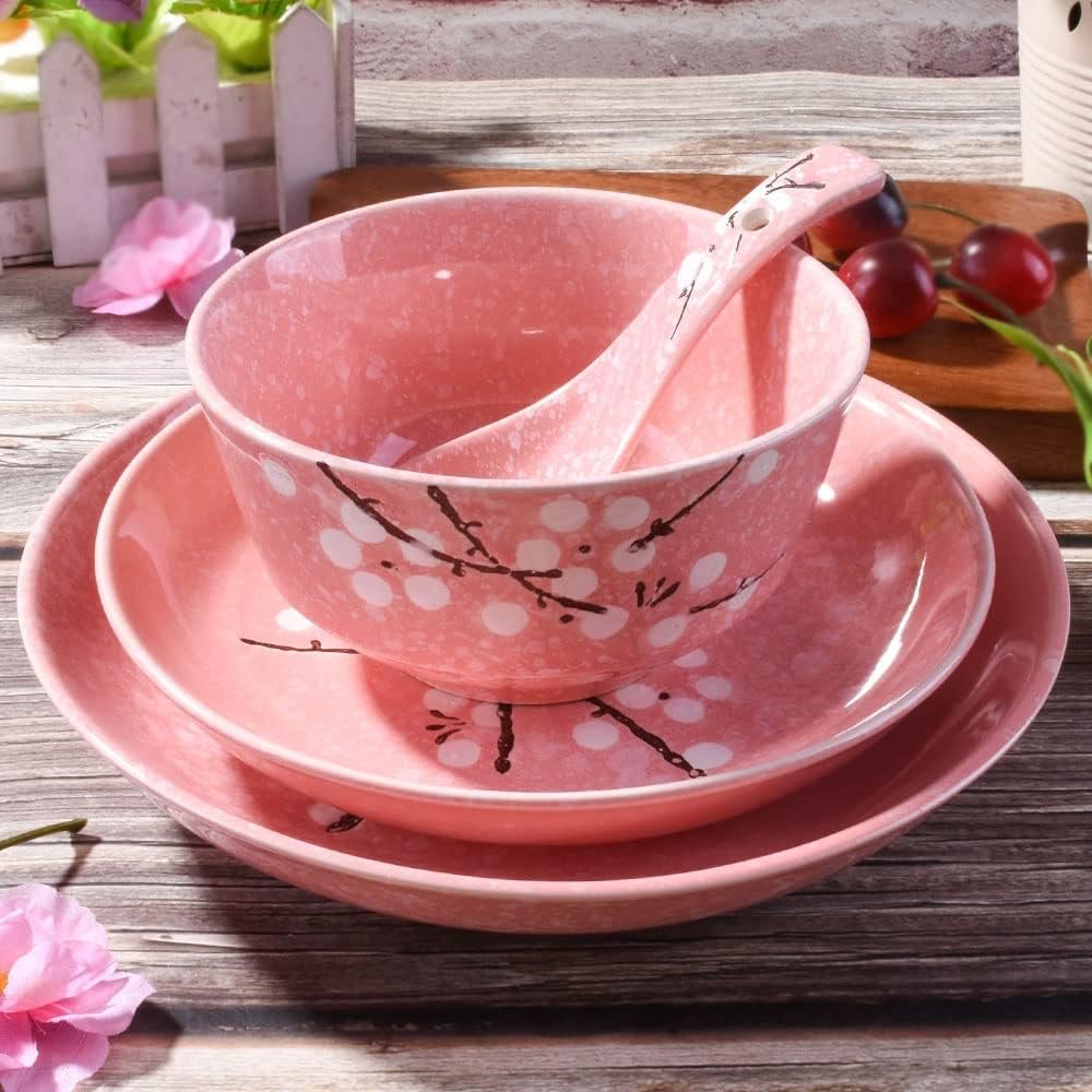 4-Piece Dinnerware Set, Plate, Dish, Bowl, Spoon, Japanese Hand-painted Tableware set(Pink plum) - Image 2