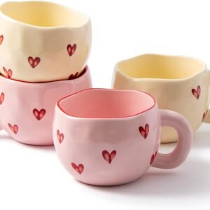 4pcs Ceramic Heart Mugs, 9.4OZ Cute Coffee Cup Set, Pink & Yellow, Dishwasher Safe, Gift for Women