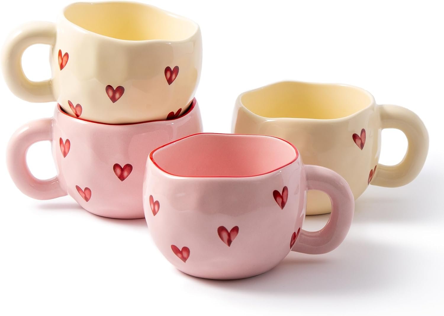 4pcs Ceramic Heart Mugs, 9.4OZ Cute Coffee Cup Set, Pink & Yellow, Dishwasher Safe, Gift for Women
