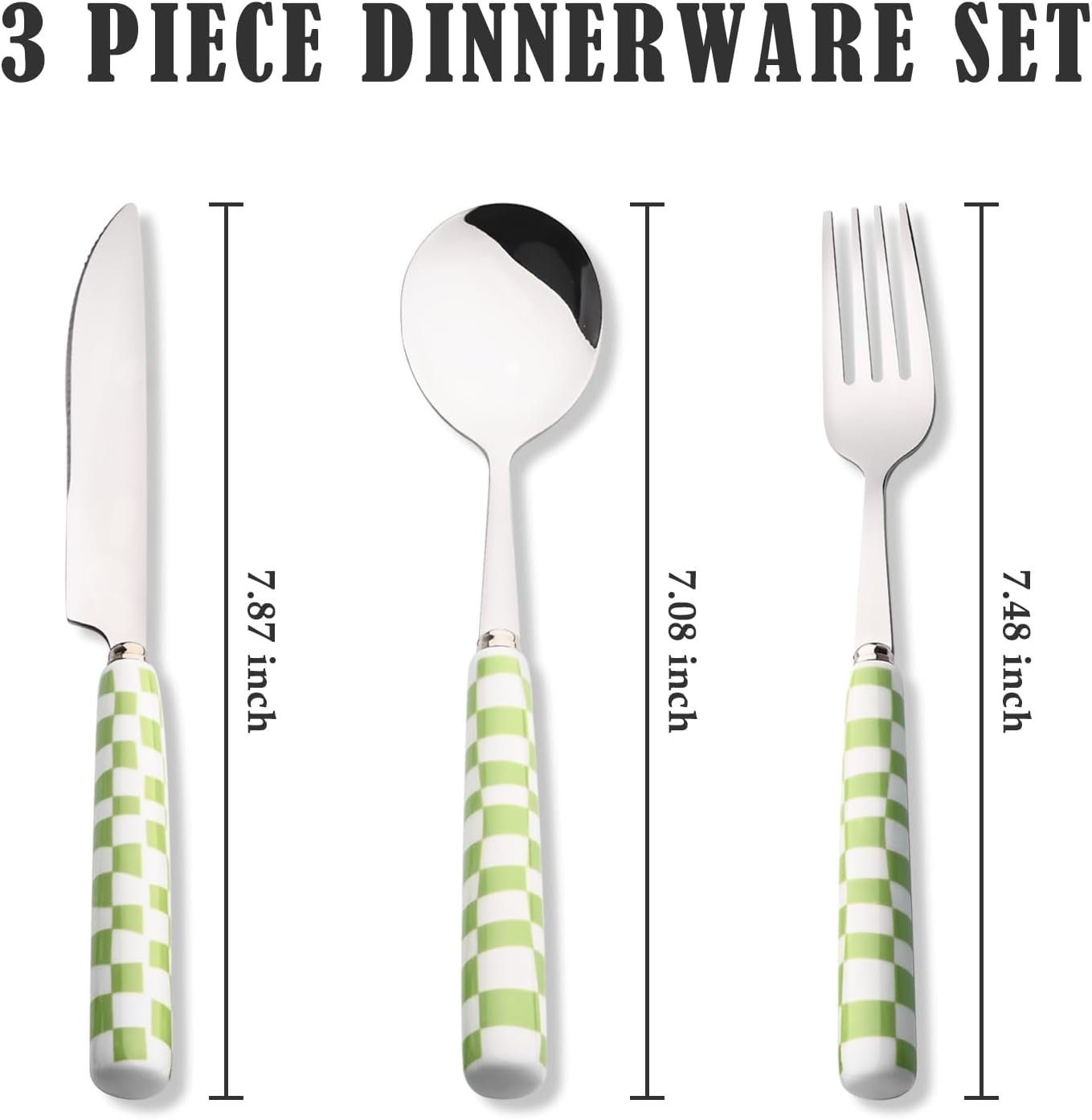 3-Piece Cutlery Set, Stainless Steel Flatware Sets with Green Checkerboard Pattern Ceramic Handle, Utensils including Knife Fork Spoon (Green) - Image 2