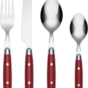 Set, Jubilee Red 16-Piece Flatware Set, Red Thick Handles, Service For 4, Stainless Steel, Dishwasher Safe, Knives Spoons Forks, Home & Kitchen Utensils Set (Red/Silver, 16 Piece)
