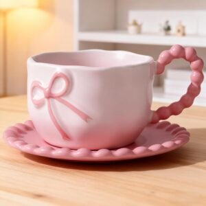 Bow Coffee Mug Pink  Coffee Mugs Set with Saucer 12 OZ Porcelain Tea Cup Bow Cute Mug for Women Girl