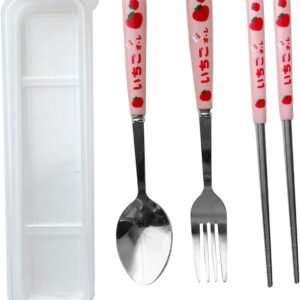 Cutlery Set, Rustproof Spoon Forks Chopsticks 3-Piece Pink Strawberry Pattern Stainless Steel Dinnerware Set for Travel