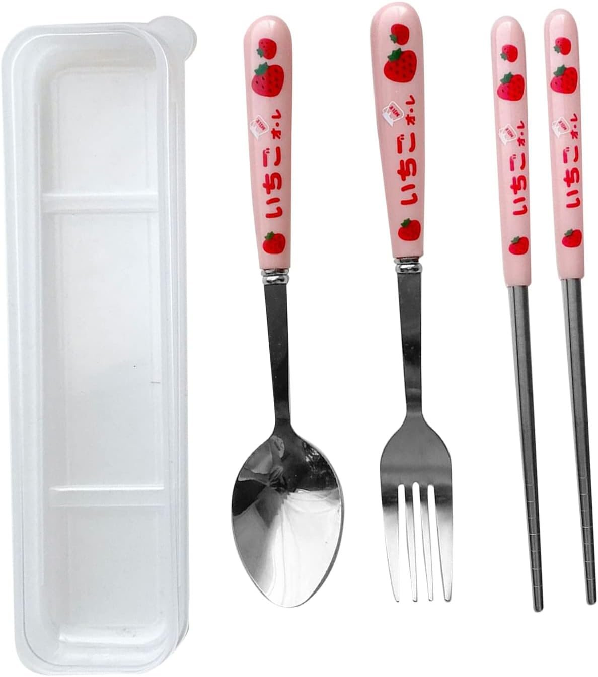Cutlery Set, Rustproof Spoon Forks Chopsticks 3-Piece Pink Strawberry Pattern Stainless Steel Dinnerware Set for Travel