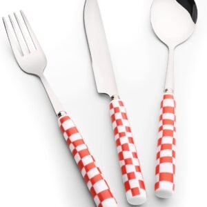 3-Piece Cutlery Set, Stainless Steel Flatware Sets with Red Checkerboard Pattern Ceramic Handle, Utensils including Knife Fork Spoon (Red)