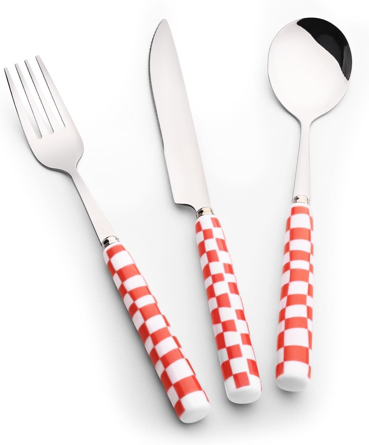 3-Piece Cutlery Set, Stainless Steel Flatware Sets with Red Checkerboard Pattern Ceramic Handle, Utensils including Knife Fork Spoon (Red)
