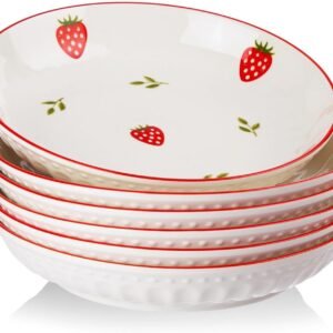 8 Inch Porcelain Pasta Bowls Set of 6, 20 OZ Cute Strawberry Plates, Dessert Plates for Fruit and Appetizer, Perfect for Women Gift, Family Party