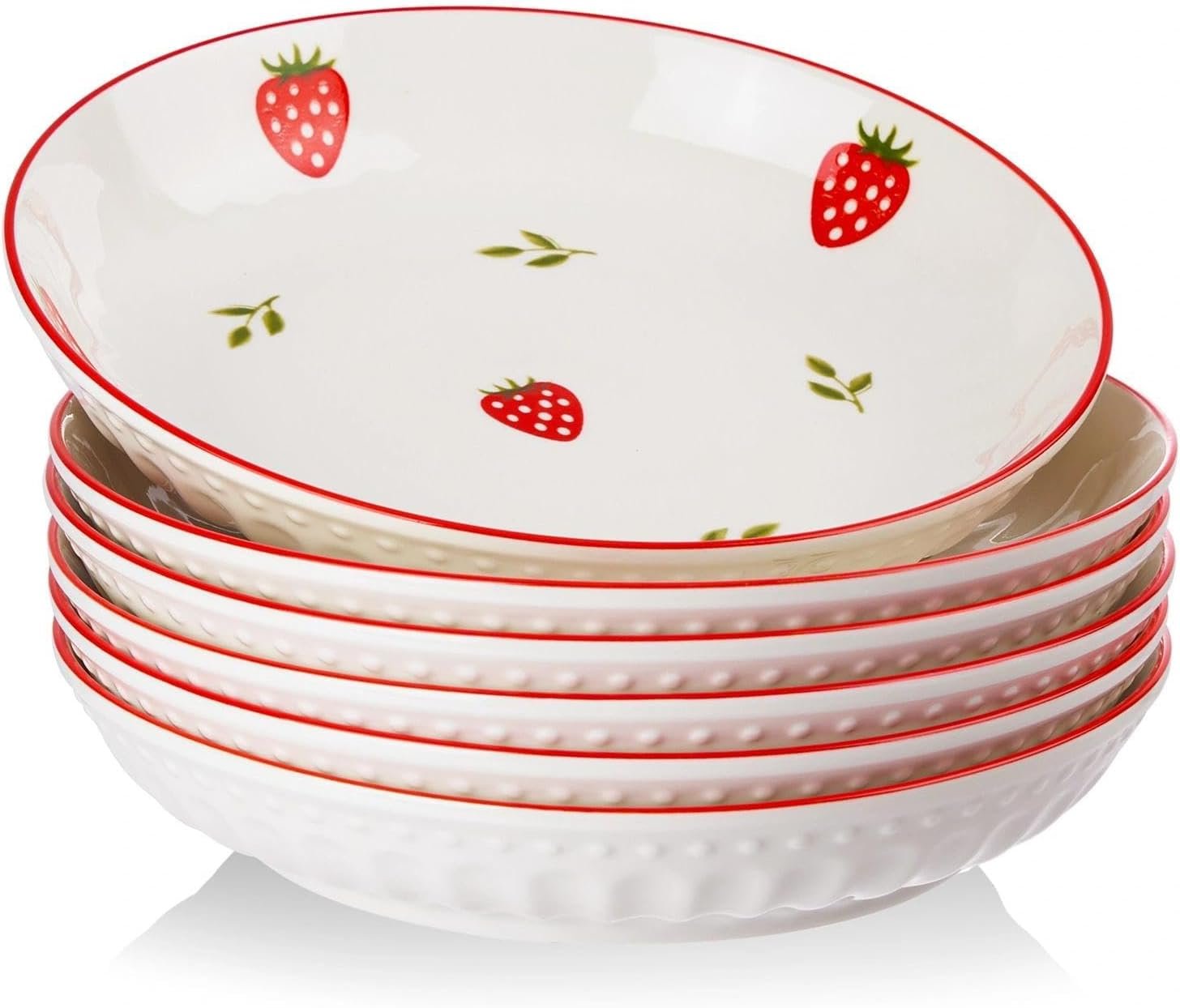 8 Inch Porcelain Pasta Bowls Set of 6, 20 OZ Cute Strawberry Plates, Dessert Plates for Fruit and Appetizer, Perfect for Women Gift, Family Party