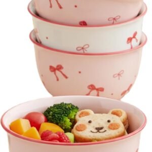 4 - Piece Pink Bow Ceramic Bowls Set - Underglaze Color Dinnerware Set for Kitchen, Dining & Daily Use, Aesthetic Bowls, Ideal for Ramen, Cereal, Ice Cream, Soup, Charming Addition to Tableware