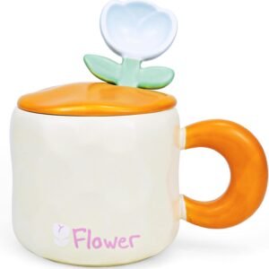 Mug With Lid Funny Coffee Mug 15 OZ Blue Tulip Mugs Gift Ceramic Tea Christmas Tea Coffee Flower Cup Floral Birthday Gift for Women Girlfriend