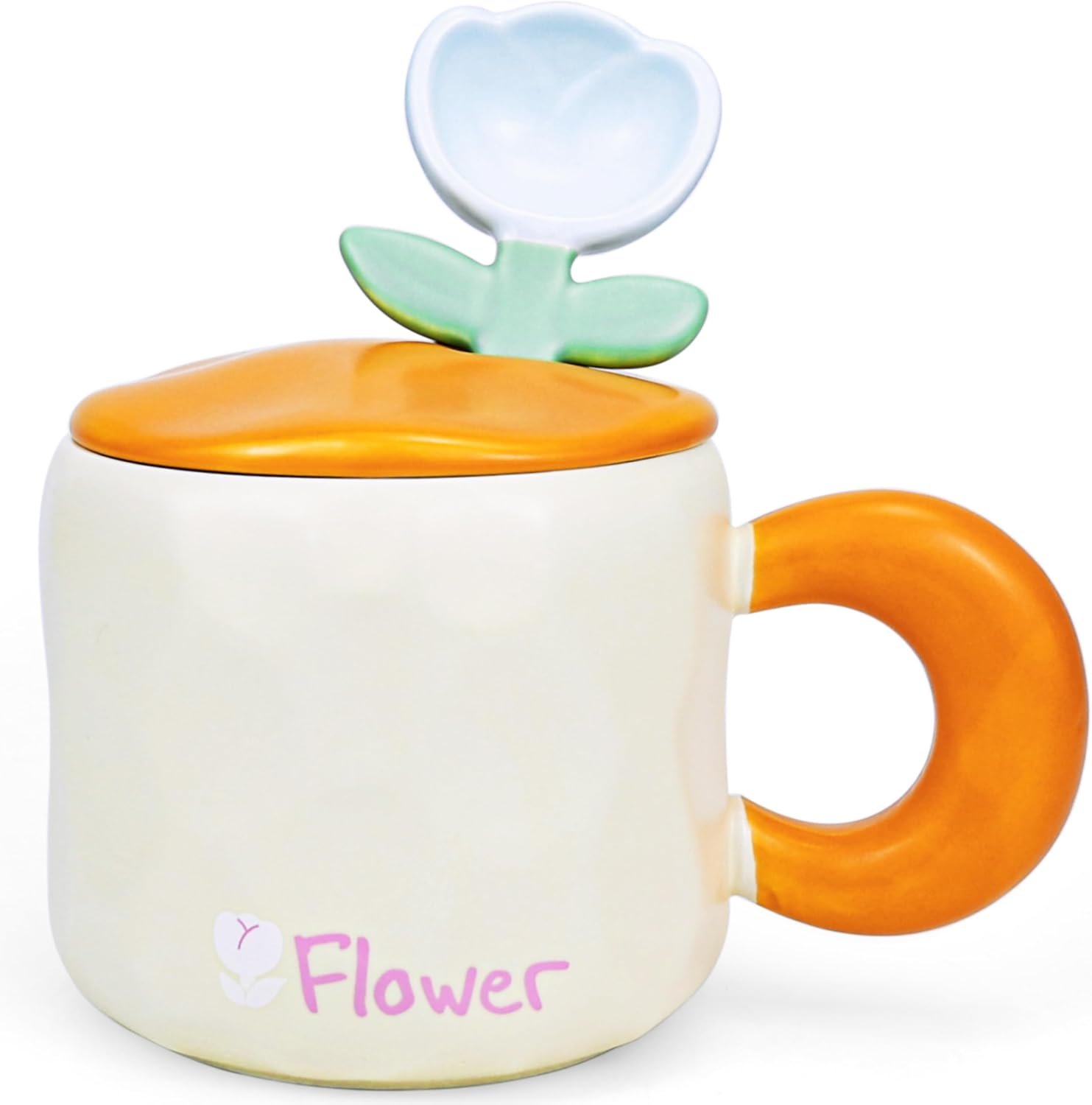 Mug With Lid Funny Coffee Mug 15 OZ Blue Tulip Mugs Gift Ceramic Tea Christmas Tea Coffee Flower Cup Floral Birthday Gift for Women Girlfriend