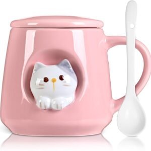 Ceramic Cute Coffee Mug, 12.8 oz Funny Coffee Mug with Lid and Spoon, Fun Gift for Women, Girls, Kids, Cat Lovers