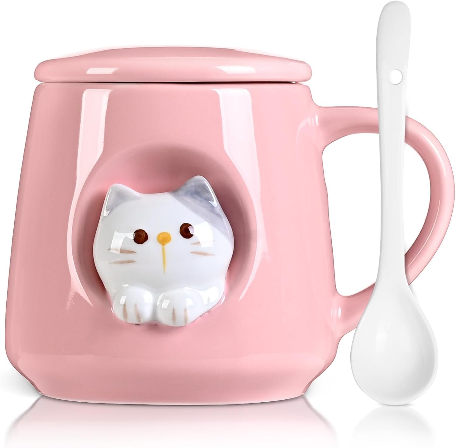 Ceramic Cute Coffee Mug, 12.8 oz Funny Coffee Mug with Lid and Spoon, Fun Gift for Women, Girls, Kids, Cat Lovers