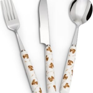 3-Piece Cutlery Set, Stainless Steel Flatware Sets with Lovely Bear Pattern Ceramic Handle, Utensils including Knife Fork Spoon (Bear with Ice-cream)