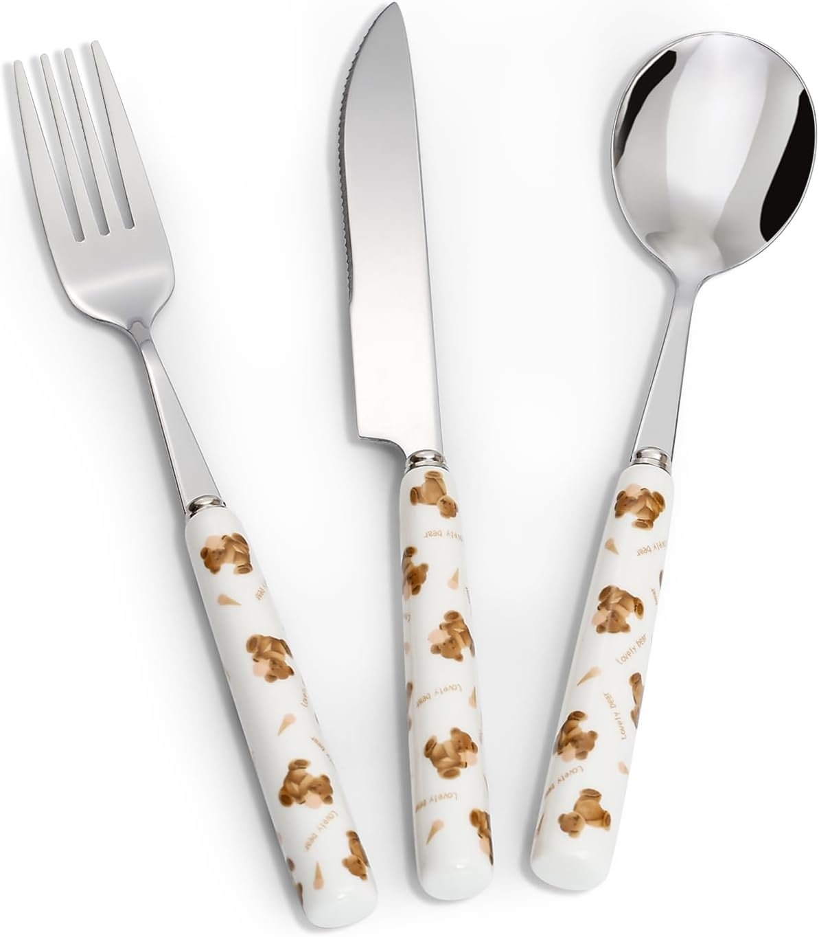 3-Piece Cutlery Set, Stainless Steel Flatware Sets with Lovely Bear Pattern Ceramic Handle, Utensils including Knife Fork Spoon (Bear with Ice-cream)