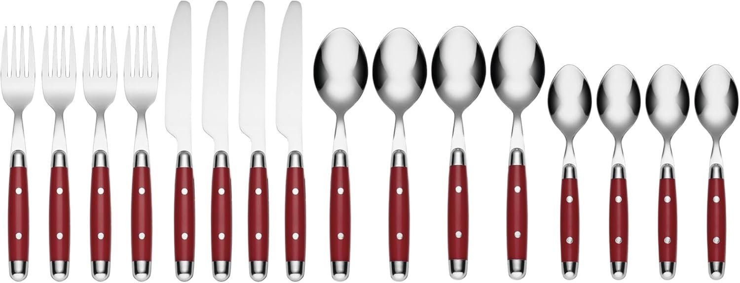 Set, Jubilee Red 16-Piece Flatware Set, Red Thick Handles, Service For 4, Stainless Steel, Dishwasher Safe, Knives Spoons Forks, Home & Kitchen Utensils Set (Red/Silver, 16 Piece) - Image 2
