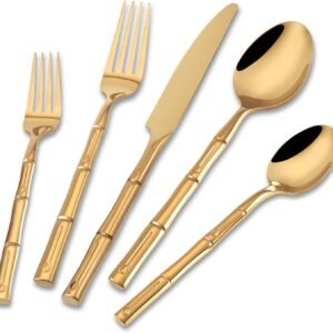 Silverware Set Gold Bamboo Pattern Handle Flatware Set, 20-Piece Stainless Steel Cutlery Set Service for 4