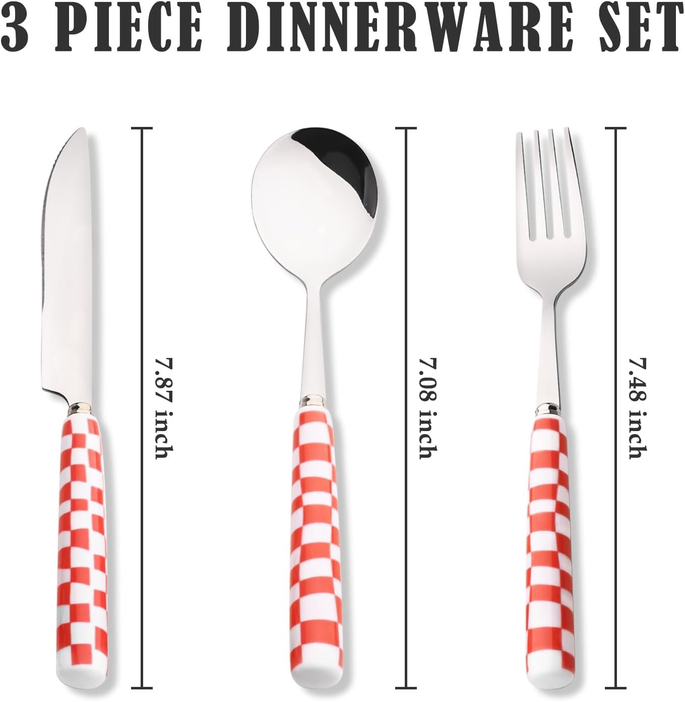 3-Piece Cutlery Set, Stainless Steel Flatware Sets with Red Checkerboard Pattern Ceramic Handle, Utensils including Knife Fork Spoon (Red) - Image 2