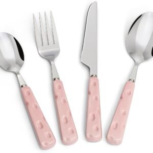 4-Piece Cutlery Set, Stainless Steel Flatware Sets with Chubby Lovely Cheese Pattern Ceramic Handle, Utensils including Knife Fork Spoon (Pink)