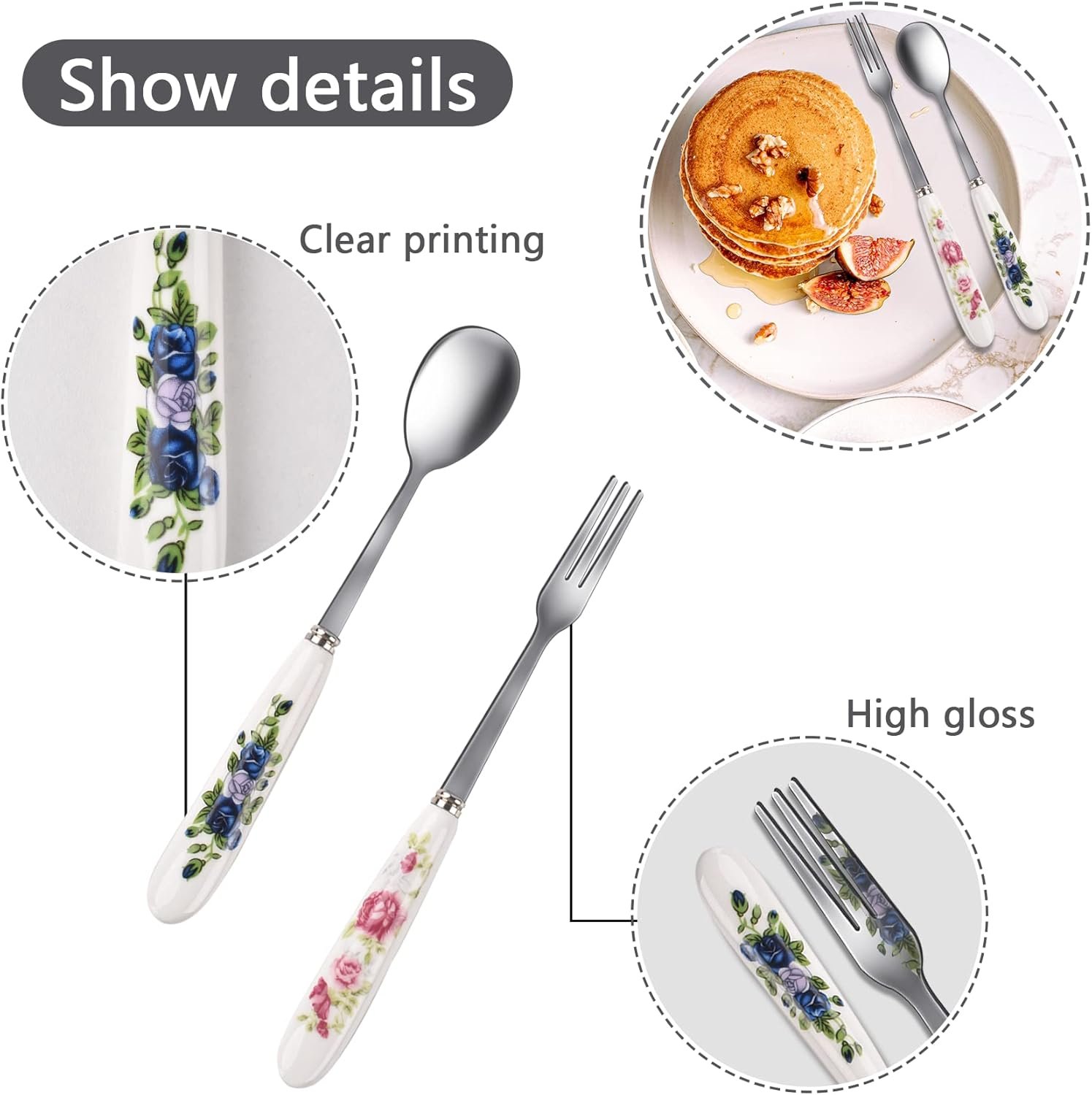 12 Pieces Forks and Spoons with Ceramics Handle, Stainless Steel Utensils Dessert Spoons and Forks Set for 6, Cutlery Set with Flower Pattern, Flatware Sets for Home Restaurant and Kitchen - Image 2