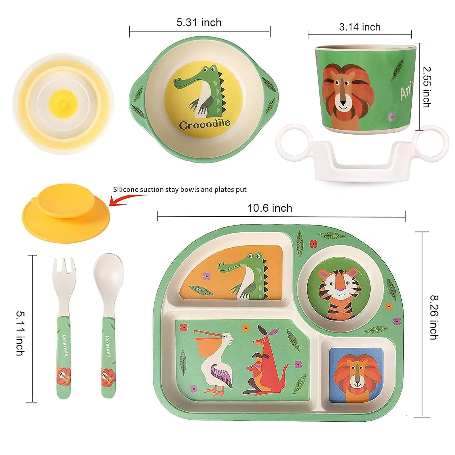 7Pcs/Set Bamboo Kids Dinnerware Set - Children Dishes - Food Plate Bowl Cup Spoon Fork Set Dishware, Cartoon Tableware, Dishwasher Safe Kids Healthy Mealtime, BPA Free - Image 2