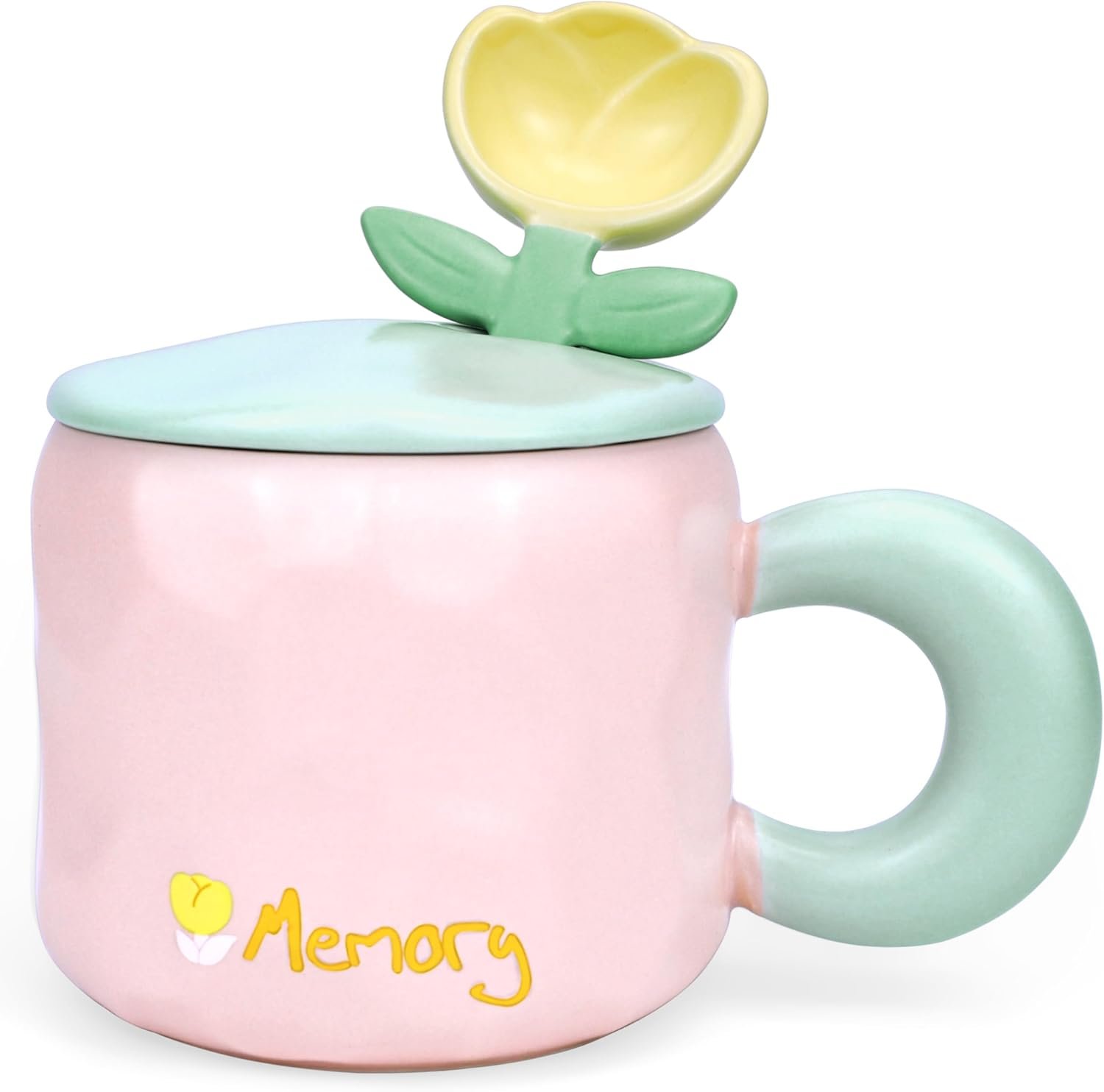 Mug With Lid 15 OZ Funny Mug Ceramic Christmas Tea Coffee Flower Cup Yellow Tulip Floral Birthday Mugs Gift for Women Girlfriend