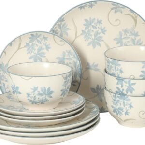 12-Piece Matte Stoneware Dinnerware Set – Dinner Plates, Salad Plates & Bowls with Blue Floral Pattern, Durable Everyday Dish Set, Microwave & Dishwasher Safe