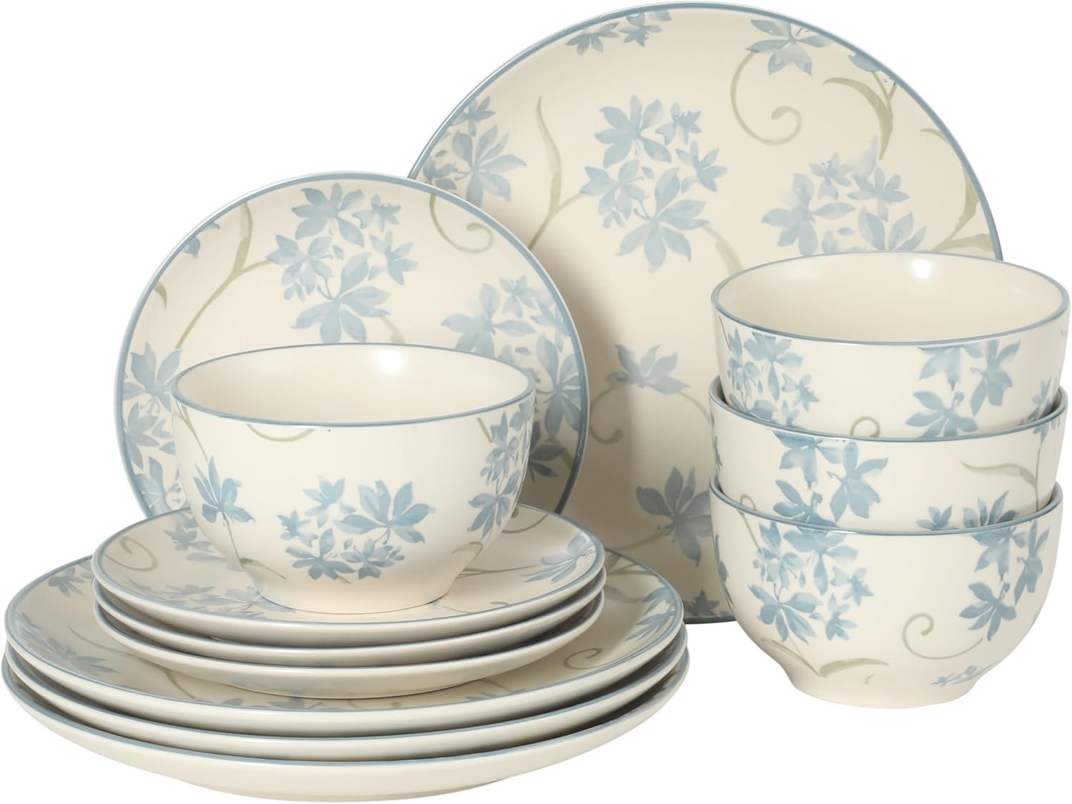 12-Piece Matte Stoneware Dinnerware Set – Dinner Plates, Salad Plates & Bowls with Blue Floral Pattern, Durable Everyday Dish Set, Microwave & Dishwasher Safe
