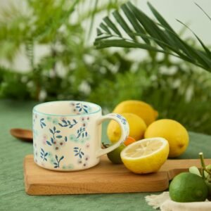 Artisanal Handcrafted Ceramic Coffee Mug - 12oz White Ceramic Tea Cup with Intricate Blue Purple Floral Design, Comfort Handle, Dishwasher Safe Traditional Mug for Home & Office Use