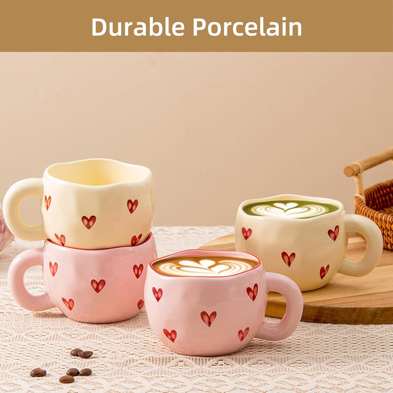 4pcs Ceramic Heart Mugs, 9.4OZ Cute Coffee Cup Set, Pink & Yellow, Dishwasher Safe, Gift for Women - Image 2
