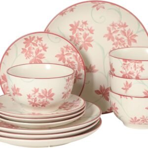 12-Piece Matte Stoneware Dinnerware Set – Dinner Plates, Salad Plates & Bowls with Pink Floral Pattern, Durable Everyday Dish Set, Microwave & Dishwasher Safe