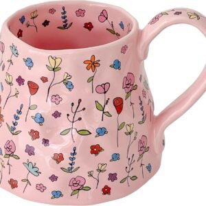 Large Ceramic Coffee Mug Pink Cute Flower with Big Handle, 20oz Girly Floral Tea Cup for Women Mothers Day Gifts, Novelty Irregular Oversized Mugs for Valentines Day Gifts for Her