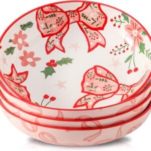 Pasta Bowls Set of 4, 38 Ounce Ceramic Serving Bowls with Pink Bow Print, Modern Dinner Dishes for Salad, Pasta, Soup, Dessert, Cute Plates for Valentine‘s Day Gift