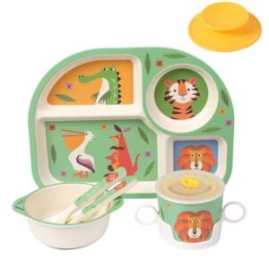 7Pcs/Set Bamboo Kids Dinnerware Set - Children Dishes - Food Plate Bowl Cup Spoon Fork Set Dishware, Cartoon Tableware, Dishwasher Safe Kids Healthy Mealtime, BPA Free