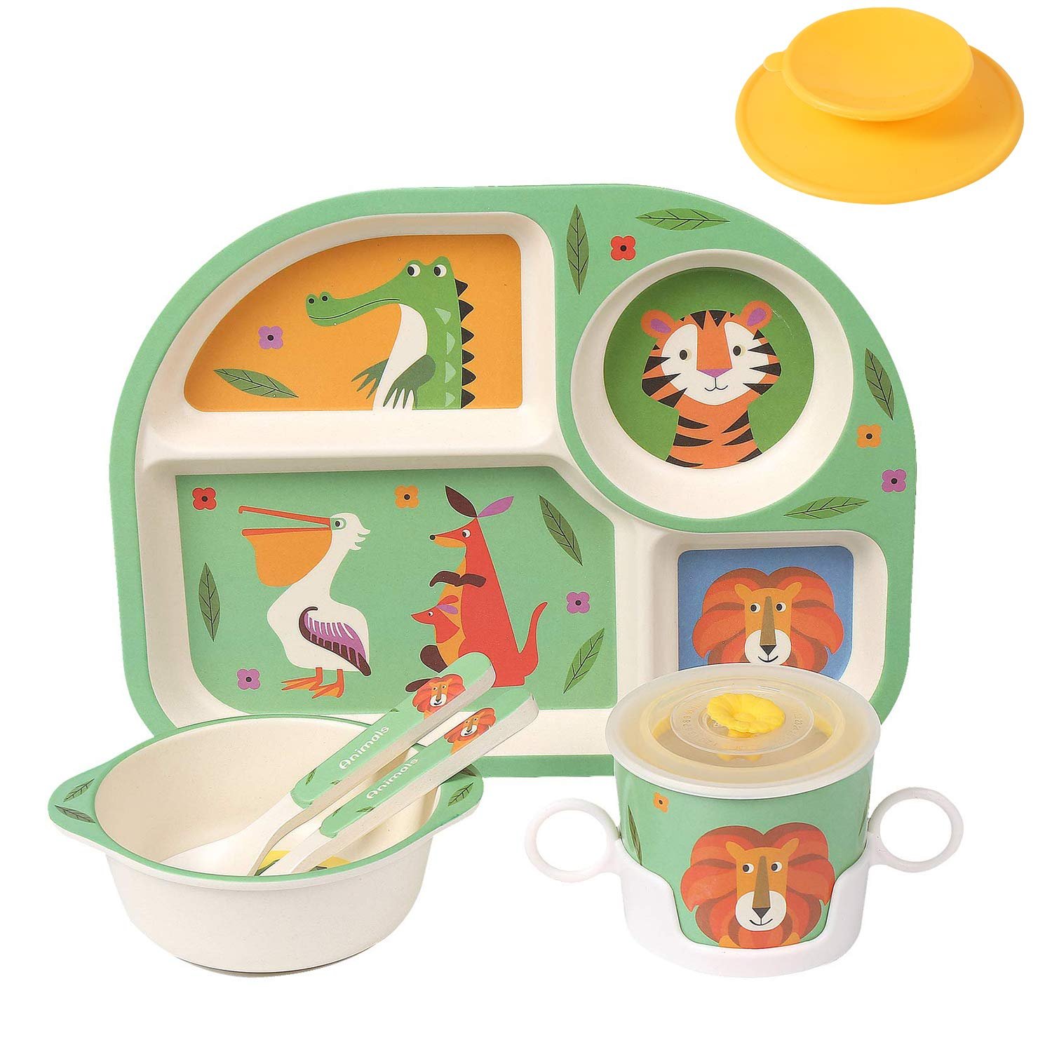 7Pcs/Set Bamboo Kids Dinnerware Set - Children Dishes - Food Plate Bowl Cup Spoon Fork Set Dishware, Cartoon Tableware, Dishwasher Safe Kids Healthy Mealtime, BPA Free