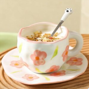 Coffee Mugs Set with Saucer Cute Flowers Cup Gifts for Women Birthday Tea Coffee Mug with Coaster 250 ML Ceramic Cup Birthday Gift for Women Girls Mom Friend Coffee Mug aucer Set