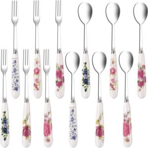12 Pieces Forks and Spoons with Ceramics Handle, Stainless Steel Utensils Dessert Spoons and Forks Set for 6, Cutlery Set with Flower Pattern, Flatware Sets for Home Restaurant and Kitchen
